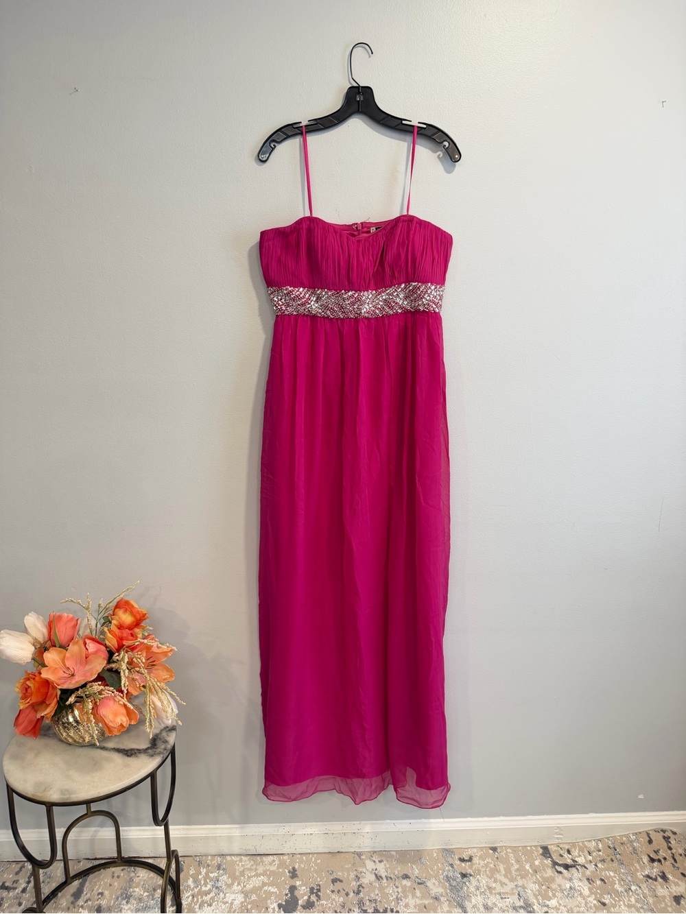 JS Boutique Fuchsia Pleated Embellished Beaded Waist Spaghetti Strap Maxi Dress